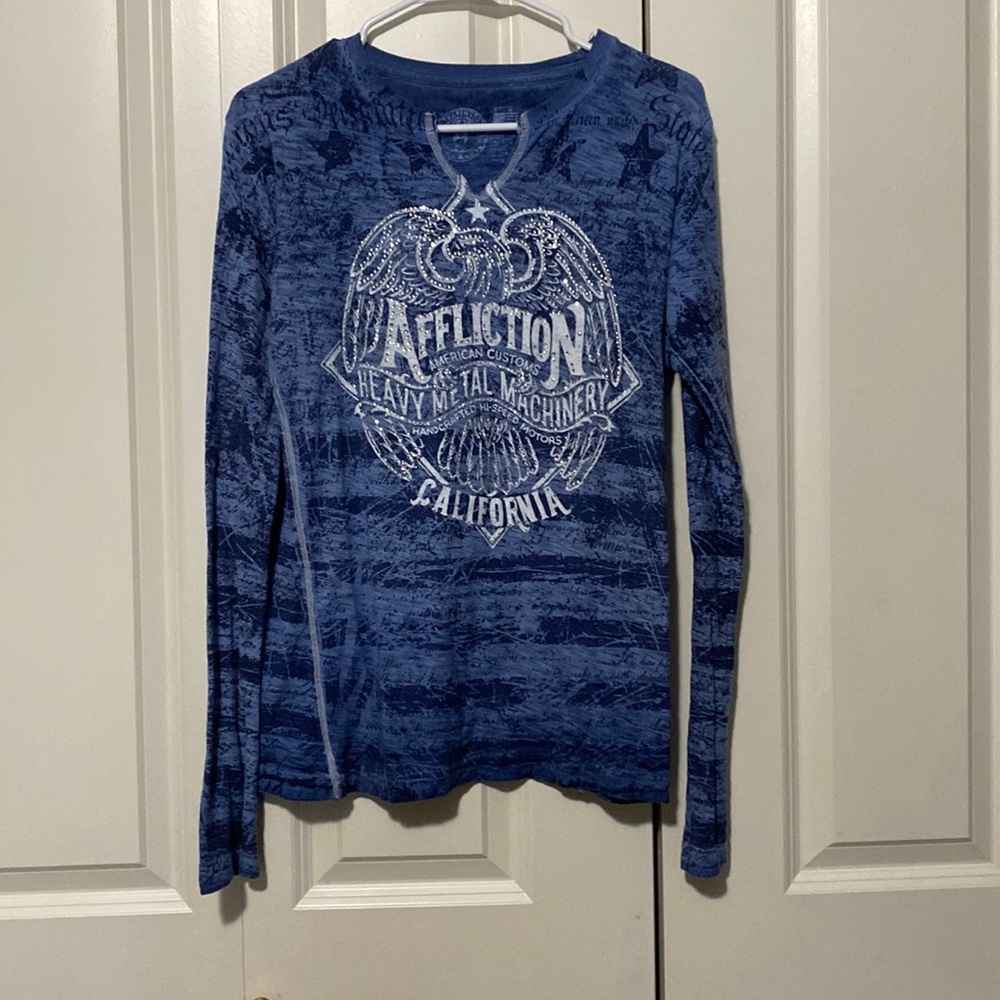 Blue and white lightly worn affliction long sleeve shirt